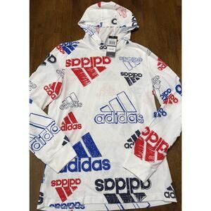 NEW NWT Adidas White Red Blue All Over Logo Hooded Pullover Shirt Large 14/16
